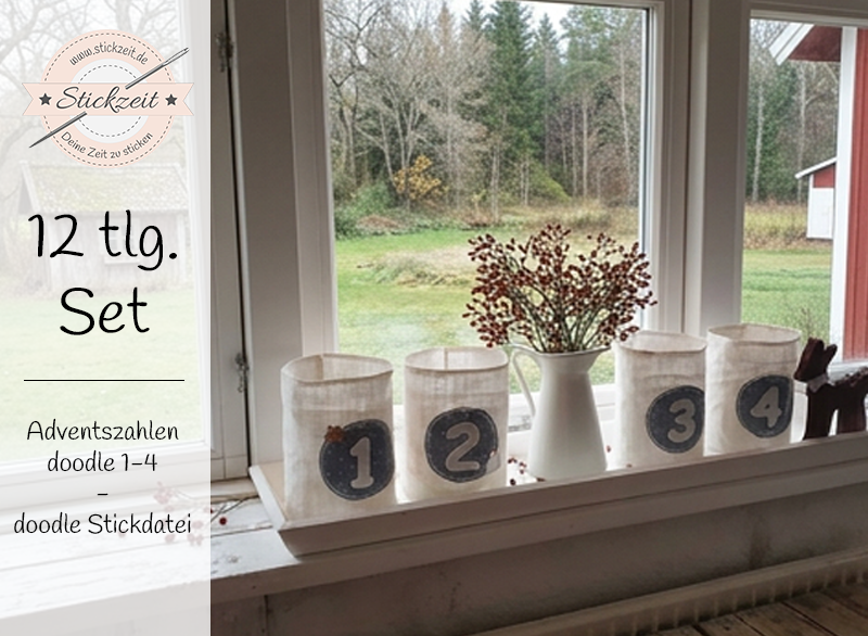 Adventszahlen 1-4 doodles - doodle Stickdatei